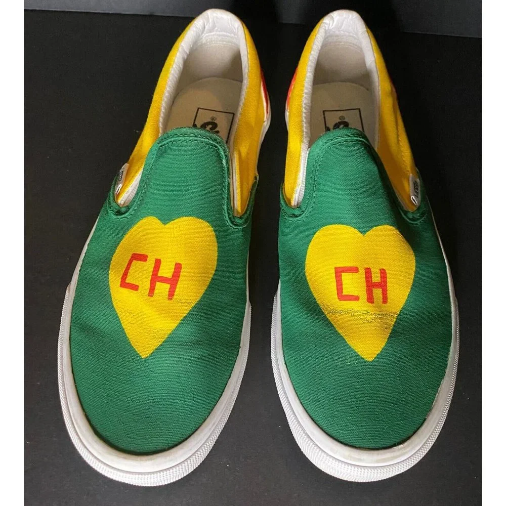 Vans Slip On Unisex CH Yellow Green Red Heart Men 6 Women 7.5